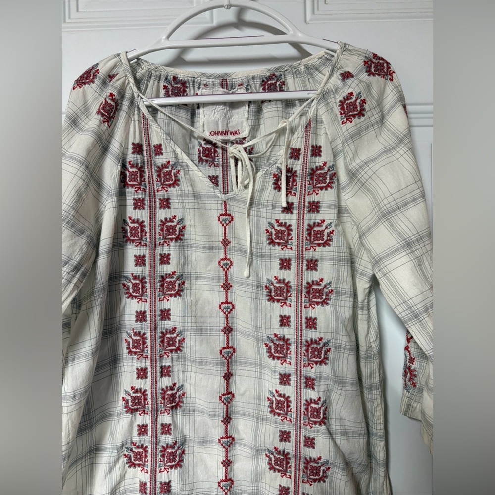 Johnny Was Ivory Peasant Blouse with Red Embroidery